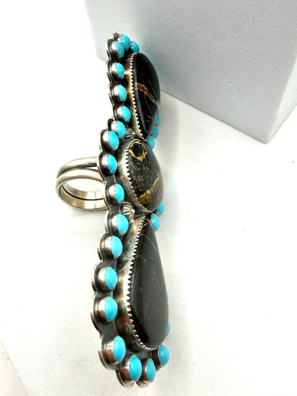 NATIVE HANDMADE SLEEPING BEAUTY & BLACKJACK TURQUOISE CRAWLER ADJUSTABLE RING 4" ACQUIRED AT SANTA FE INDIAN MARKET (AD 1)