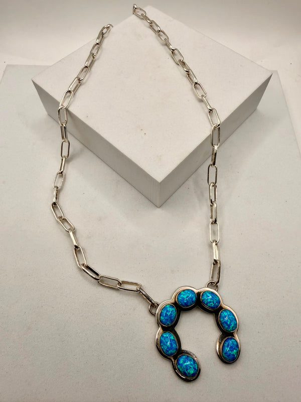 BLUE SPIDER OPAL NAJA ADJUSTABLE PAPERCLIP NECKLACE 20" (ELW 33)