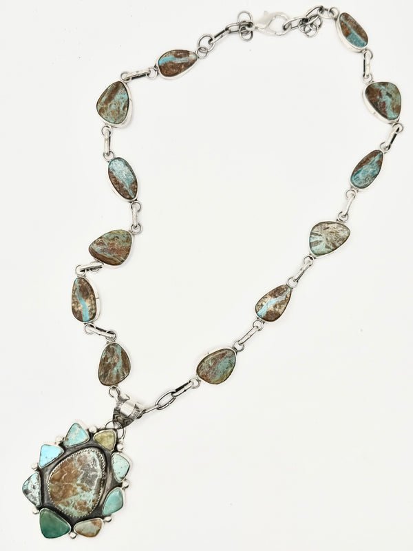 JACQUELINE SILVER NATIVE HANDMADE ROYSTON RIBBON & MULTITURQUOISE PENDANT STATEMENT NECKLACE 22" (NP 48)