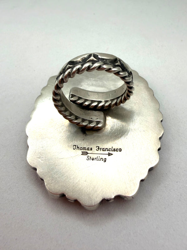 THOMAS FRANCISCO BISBEE TURQUOISE & RED SPINY OYSTER ADJUSTABLE RING (LA 2)