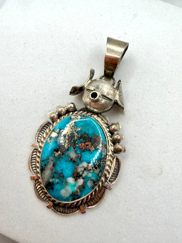 BENNIE RATION ITHACA PEAK TURQUOISE NATIVE HANDMADE SS MAIDEN PENDANT 2.5”  (LN 46)