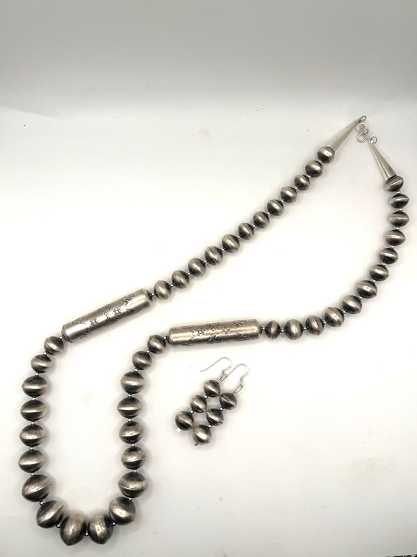 SHARON COOLEY STERLING SILVER STATEMENT BARREL BEAD NECKLACE 30" & EARRINGS SET (NP 31)
