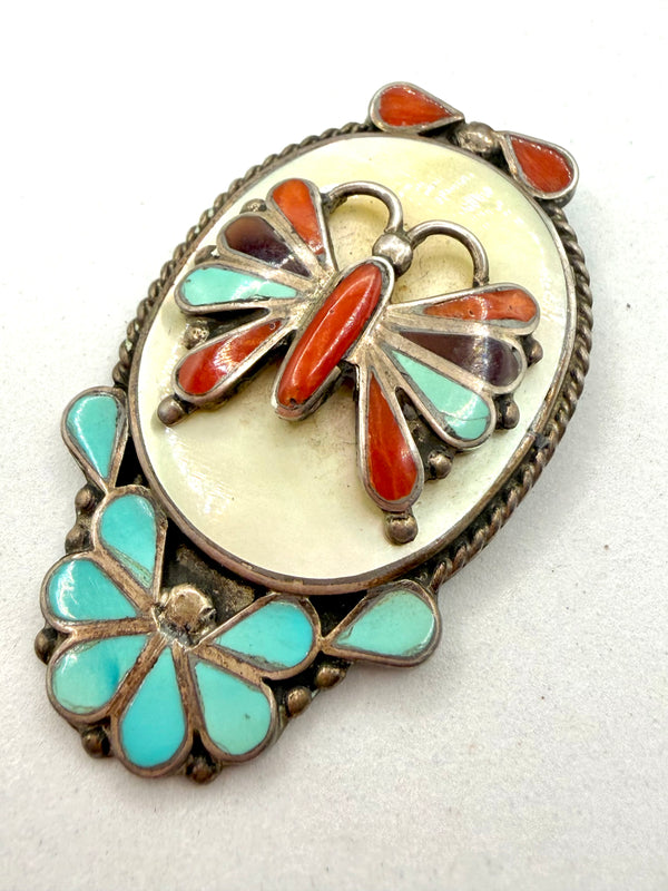 TONY OHMSATTE ZUNI HANDMADE MULTISTONES INLAY VINTAGE 60' PENDANT (LN 48)