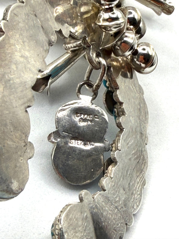(RARE PIECE) EFFIE CALAVAZA ZUNI SLEEPING BEAUTY TURQUOISE SNAKE SQUASH BLOSSOM NECKLACE 22" & POST BACK EARRINGS HANDMADE SET (NP 33)