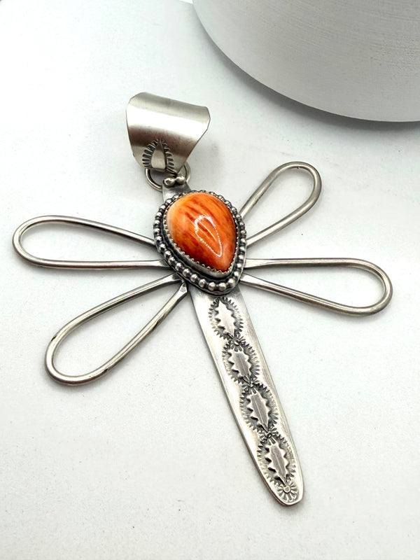 DELBERT SECATERO NATIVE HANDMADE ORANGE SPINY DRAGONFLY PENDANT 3.5" (JR 169)