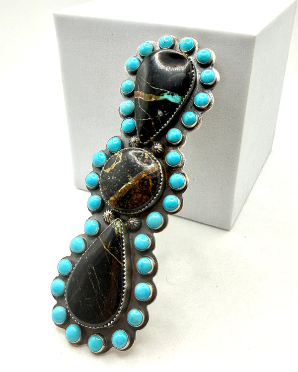 NATIVE HANDMADE SLEEPING BEAUTY & BLACKJACK TURQUOISE CRAWLER ADJUSTABLE RING 4" ACQUIRED AT SANTA FE INDIAN MARKET (AD 1)