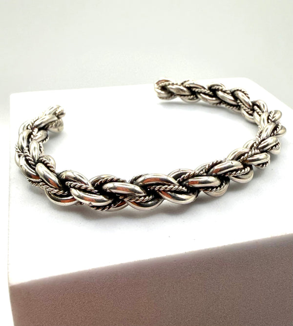 ELAINE TAHE NATIVE HANDMADE BRAIDED STERLING SILVER ROPE CUFF (LA 67)