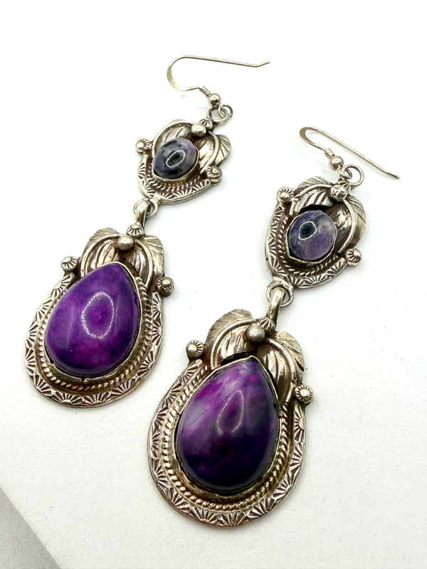 ABEL TOLEDO VINTAGE NATIVE HANDMADE SUGILITE CHAROITE FISHHOOK EARRINGS 3.5” (LL 75)