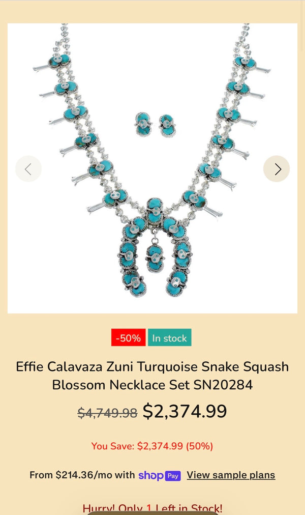 (RARE PIECE) EFFIE CALAVAZA ZUNI SLEEPING BEAUTY TURQUOISE SNAKE SQUASH BLOSSOM NECKLACE 22" & POST BACK EARRINGS HANDMADE SET (NP 33)