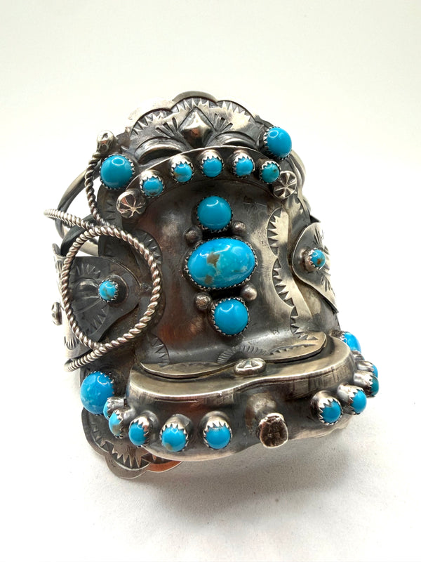 TIM YAZZIE KINGMAN TURQUOISE NATIVE HANDMADE SADDLE CUFF (WITH FLEX) (NP 35)