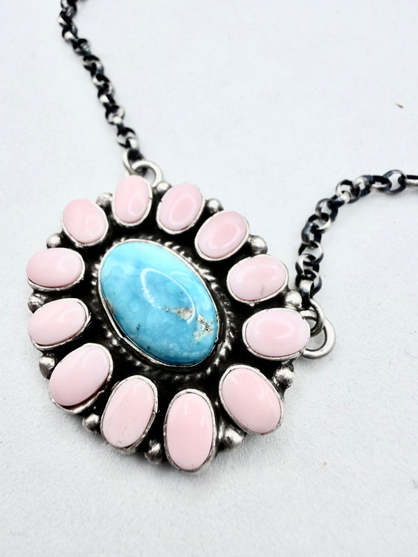 MARCELLA JAMES NATIVE HANDMADE PINK CONCH & BLUE RIDGE TURQUOISE NECKLACE 20" (NP 50)