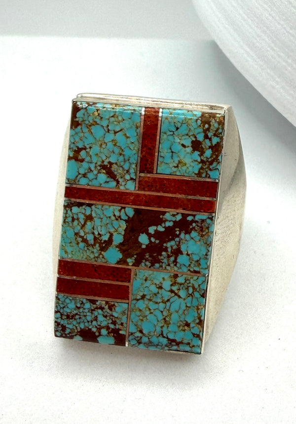 WILBERT GREY NATIVE HANDMADE MINE 8 & CORAL STATEMENT RING SIZE 13 (PN 23)