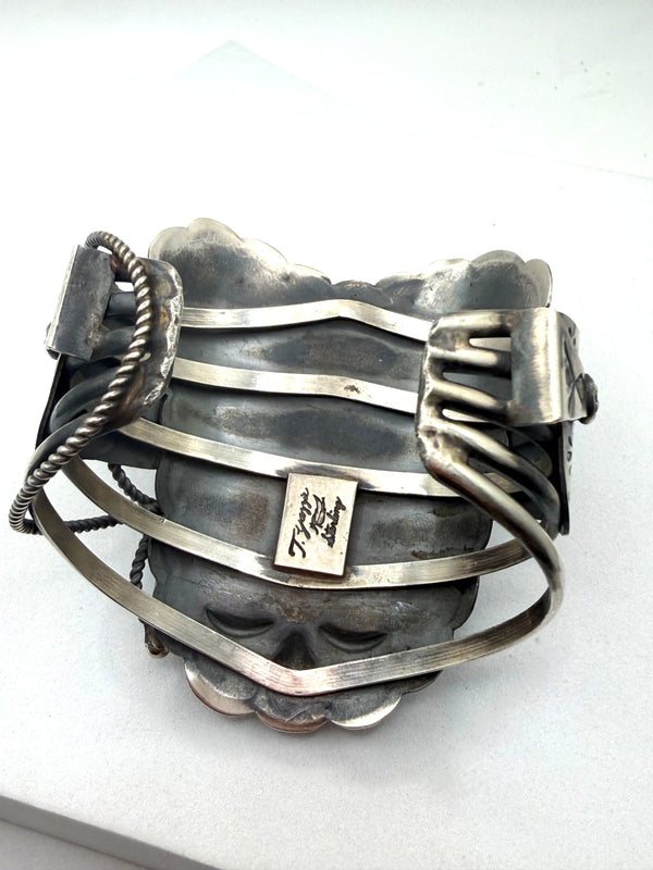 TIM YAZZIE KINGMAN TURQUOISE NATIVE HANDMADE SADDLE CUFF (WITH FLEX) (NP 35)
