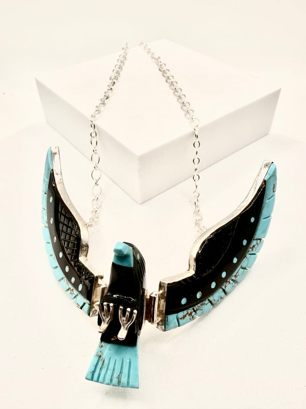 BEN LIVINGSTON NATIVE HANDMADE RED MOUNTAIN TURQUOISE & BLACK ONYX BIRD ADJ NECKLACE 21" (LA 26)