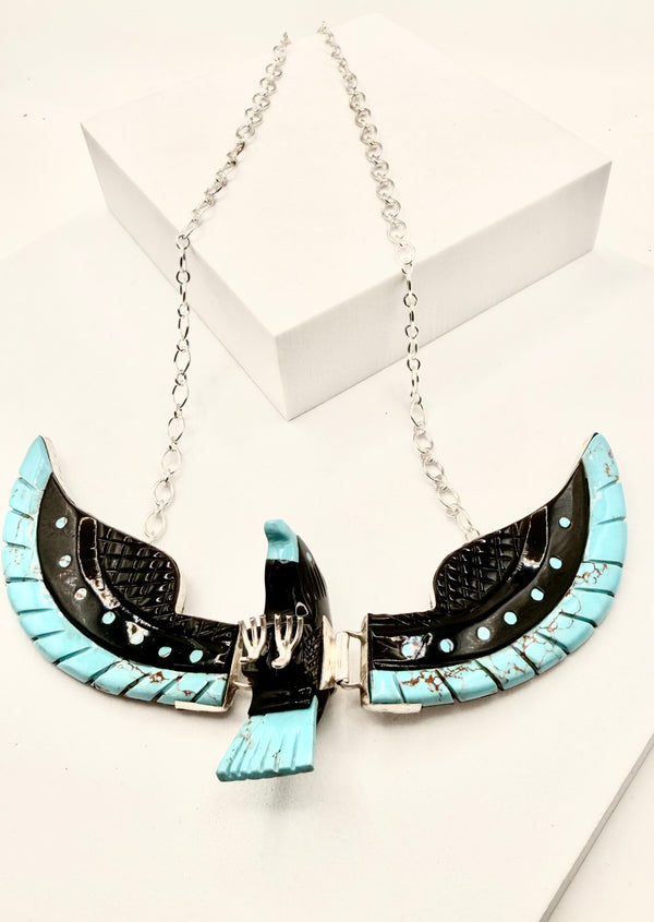 BEN LIVINGSTON NATIVE HANDMADE RED MOUNTAIN TURQUOISE & BLACK ONYX BIRD ADJ NECKLACE 21" (LA 26)