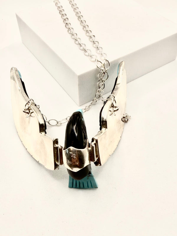 BEN LIVINGSTON NATIVE HANDMADE RED MOUNTAIN TURQUOISE & BLACK ONYX BIRD ADJ NECKLACE 21" (LA 26)