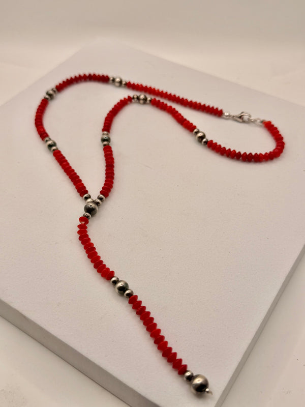 MED CORAL SAUCER BEADS NAVAJO PEARLS LARIAT (LL 41)