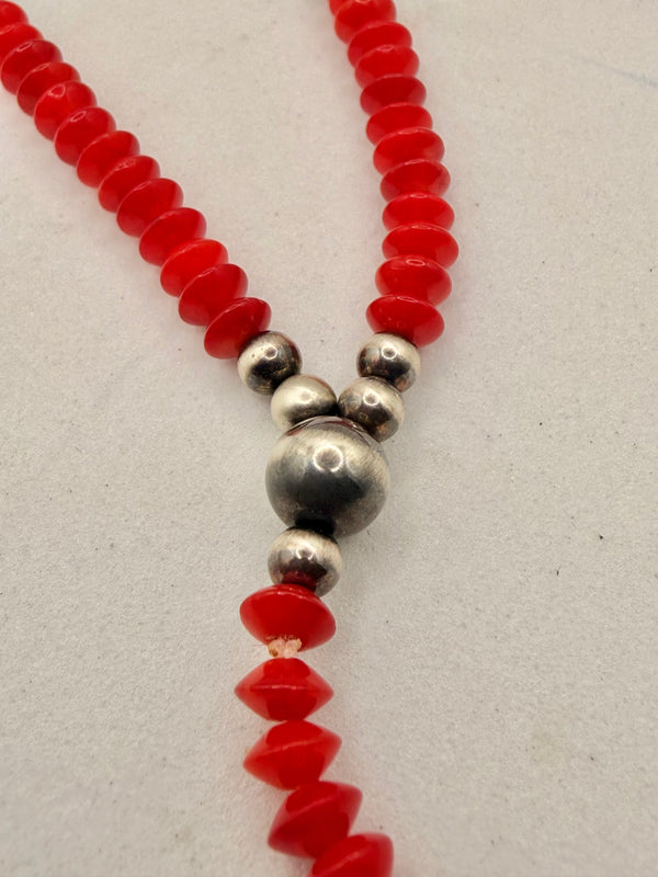 MED CORAL SAUCER BEADS NAVAJO PEARLS LARIAT (LL 41)