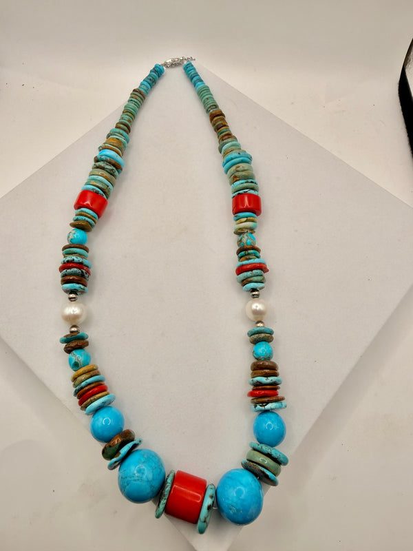 MULTITURQUOISE NAVAJO & FRESHWATER PEARLS WITH MEDITERRANEAN CORAL 21-26" (LL 42)