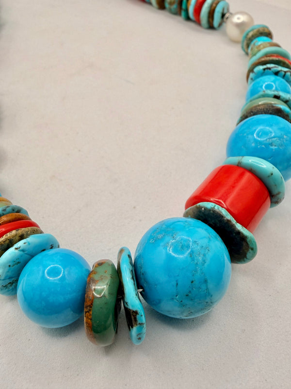 MULTITURQUOISE NAVAJO & FRESHWATER PEARLS WITH MEDITERRANEAN CORAL 21-26" (LL 42)