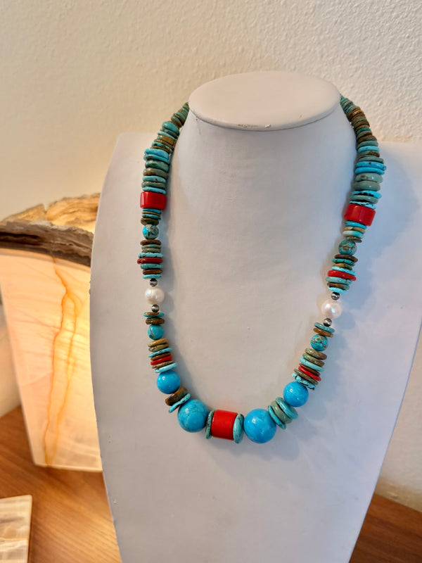 MULTITURQUOISE NAVAJO & FRESHWATER PEARLS WITH MEDITERRANEAN CORAL 21-26" (LL 42)