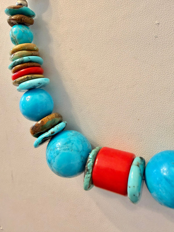 MULTITURQUOISE NAVAJO & FRESHWATER PEARLS WITH MEDITERRANEAN CORAL 21-26" (LL 42)