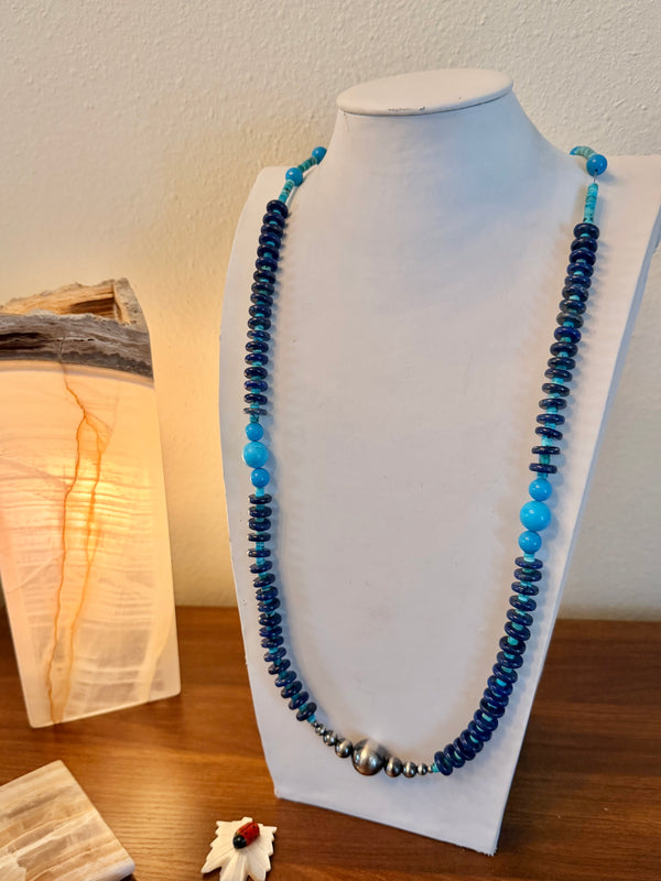MORENCI & KINGMAN TURQUOISE & LAPIS WITH GRADUATED NAVAJO PEARLS NECKLACE ADJ 42" (LL 44)