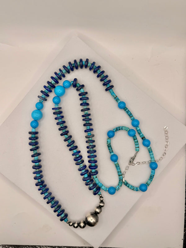 MORENCI & KINGMAN TURQUOISE & LAPIS WITH GRADUATED NAVAJO PEARLS NECKLACE ADJ 42" (LL 44)