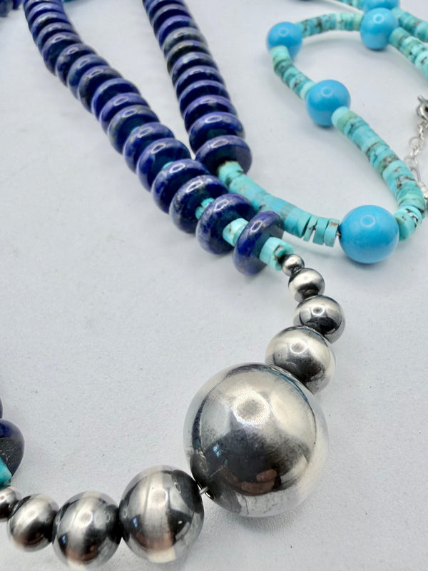 MORENCI & KINGMAN TURQUOISE & LAPIS WITH GRADUATED NAVAJO PEARLS NECKLACE ADJ 42" (LL 44)