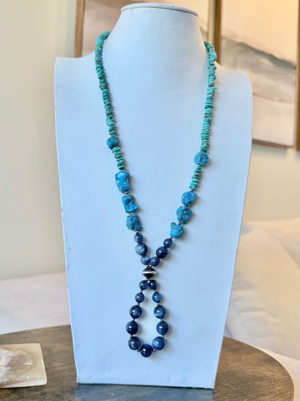 BESPOKE BLUE GROTTO TURQUOISE KYANITE & KINGMAN SAUCER PEARL JOCLA 24-30" (LL 45)