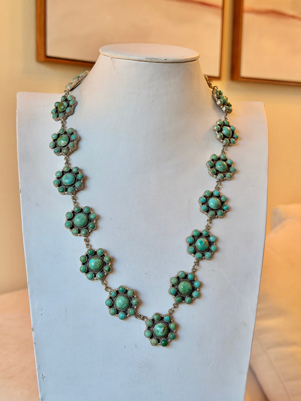 TONY YAZZIE NATIVE HANDMADE KINGMAN TURQUOISE BIG CLUSTER NECKLACE STERLING SILVER 20-26" (LL 47)
