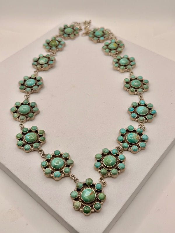 TONY YAZZIE NATIVE HANDMADE KINGMAN TURQUOISE BIG CLUSTER NECKLACE STERLING SILVER 20-26" (LL 47)