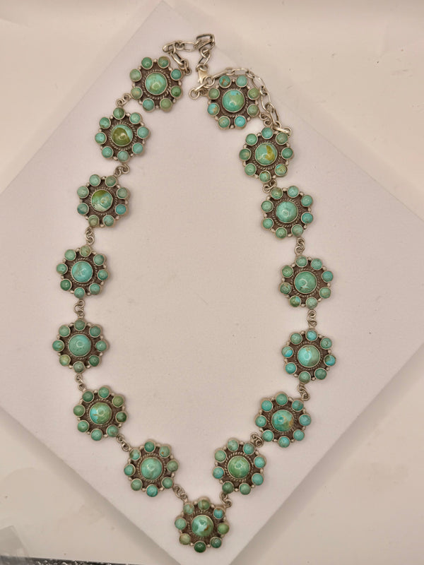 TONY YAZZIE NATIVE HANDMADE KINGMAN TURQUOISE BIG CLUSTER NECKLACE STERLING SILVER 20-26" (LL 47)
