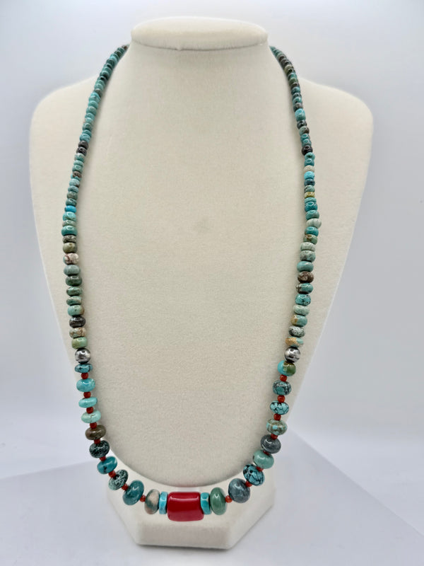 NATIVE HANDMADE HUBEI TURQUOISE & CORAL NECKLACE 18-23" (LL 53)