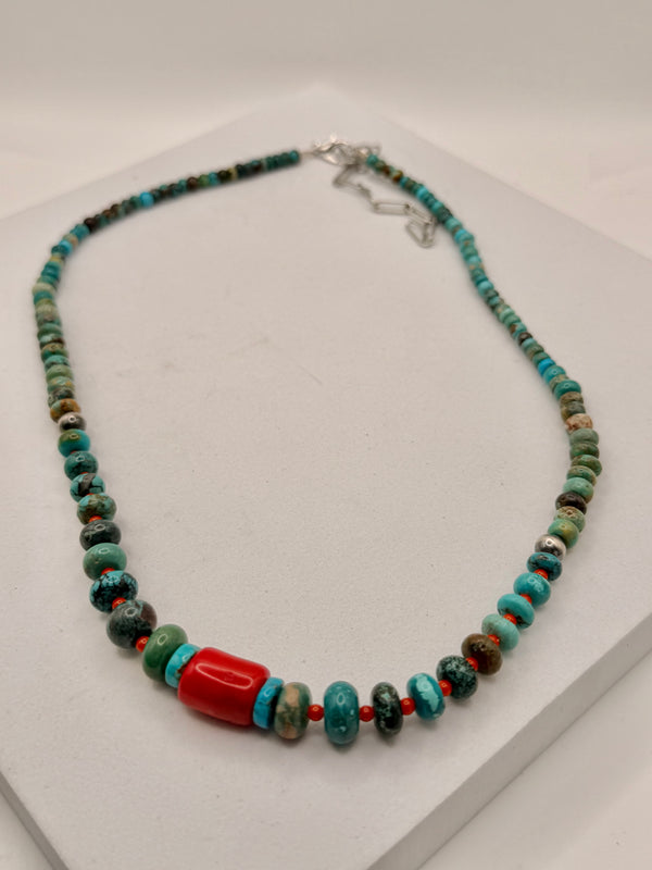 NATIVE HANDMADE HUBEI TURQUOISE & CORAL NECKLACE 18-23" (LL 53)