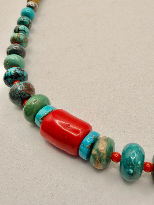 NATIVE HANDMADE HUBEI TURQUOISE & CORAL NECKLACE 18-23" (LL 53)