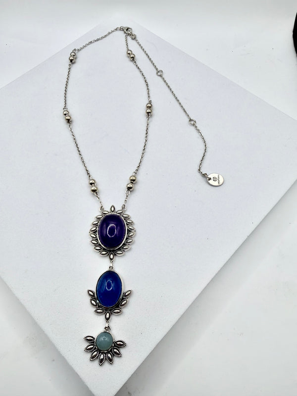MULTISTONES AMETHYST CHALCEDONY & MOONSTONE SS DROP NECKLACE (JR 163)
