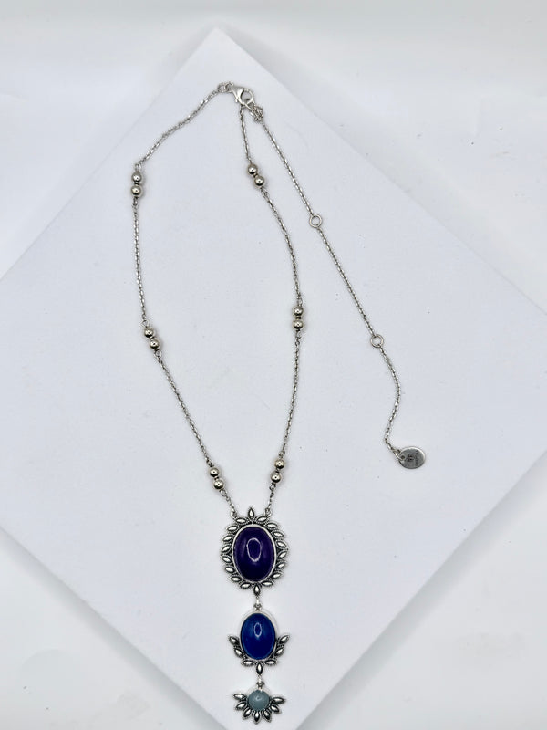 MULTISTONES AMETHYST CHALCEDONY & MOONSTONE SS DROP NECKLACE (JR 163)