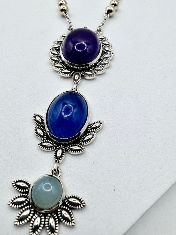 MULTISTONES AMETHYST CHALCEDONY & MOONSTONE SS DROP NECKLACE (JR 163)