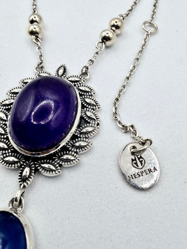 MULTISTONES AMETHYST CHALCEDONY & MOONSTONE SS DROP NECKLACE (JR 163)
