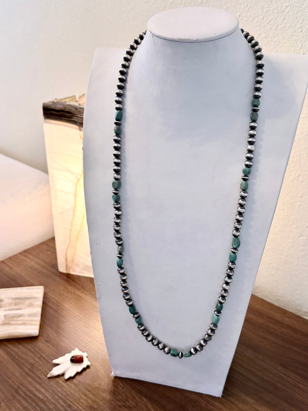 NATIVE HANDMADE 8MM NAVAJO & SAUCER PEARLS ROYSTON TURQUOISE NECKLACE 32"(ELW 13)