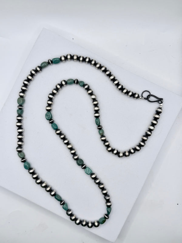 NATIVE HANDMADE 8MM NAVAJO & SAUCER PEARLS ROYSTON TURQUOISE NECKLACE 32"(ELW 13)