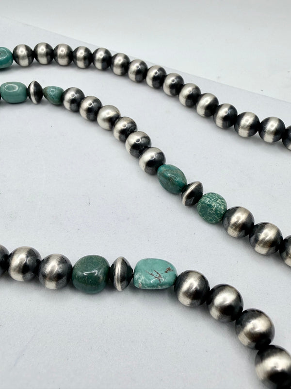 NATIVE HANDMADE 8MM NAVAJO & SAUCER PEARLS ROYSTON TURQUOISE NECKLACE 32"(ELW 13)