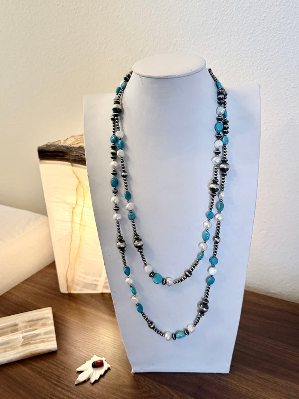 GRADUATED NAVAJO PEARLS KINGMAN TURQUOISE & FRESHWATER PEARLS NECKLACE 60" (ELW 14)