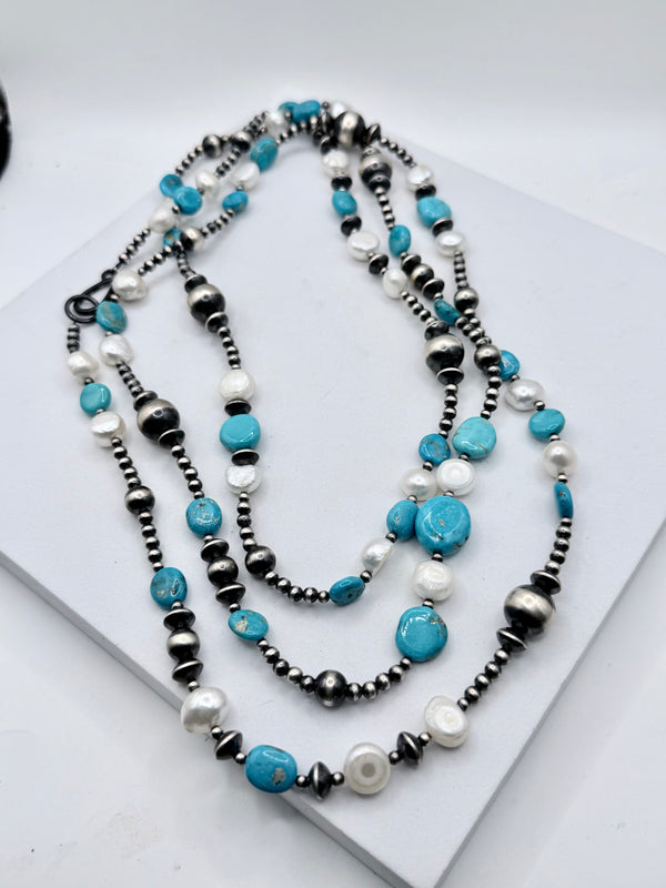 GRADUATED NAVAJO PEARLS KINGMAN TURQUOISE & FRESHWATER PEARLS NECKLACE 60" (ELW 14)