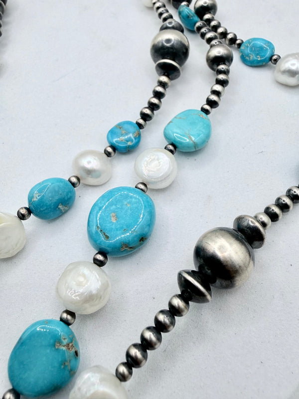GRADUATED NAVAJO PEARLS KINGMAN TURQUOISE & FRESHWATER PEARLS NECKLACE 60" (ELW 14)