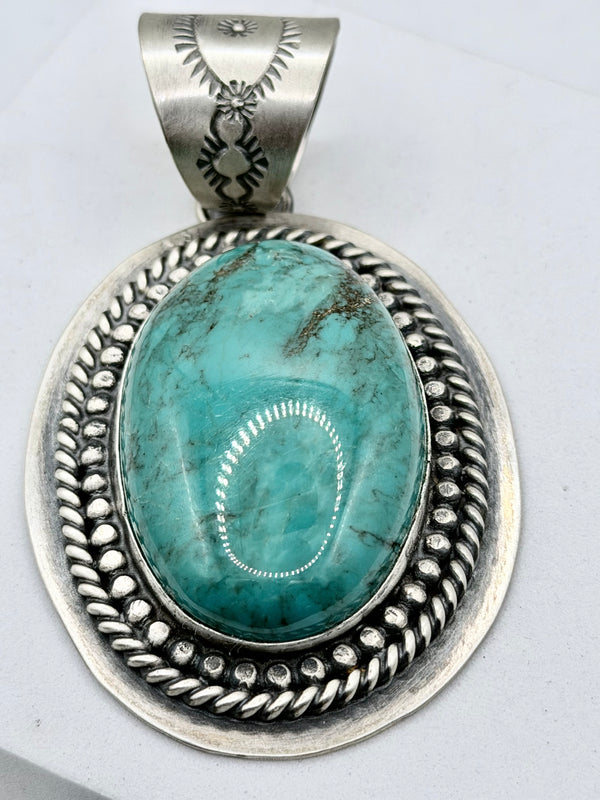 DELBERT SECATERO NATIVE HANDMADE HUBEI TURQUOISE OVAL PENDANT 3.5" (ELW 2)