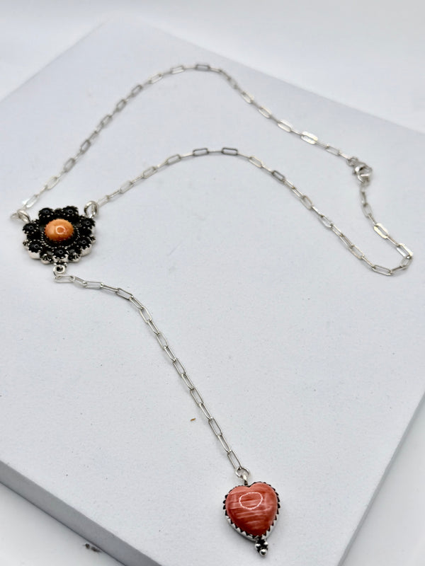 BLACK ONYX CLUSTER & ORANGE RED SPINY OYSTER PAPERCLIP LARIAT 18" (MM 05)