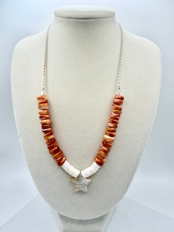 ORANGE SPINY OYSTER PINK CONCH & MOP STAR NECKLACE 16-22" (MM 10)