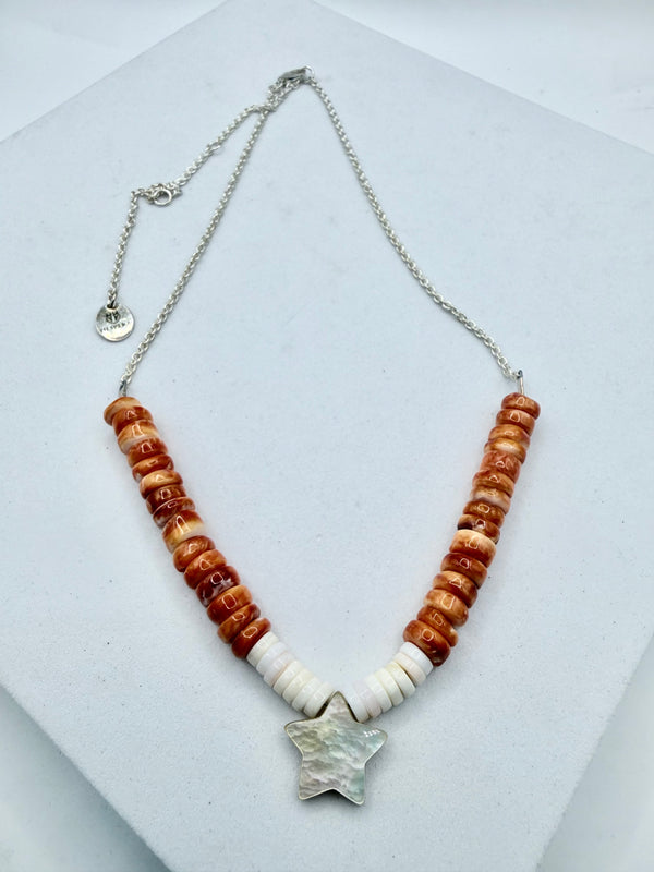 ORANGE SPINY OYSTER PINK CONCH & MOP STAR NECKLACE 16-22" (MM 10)